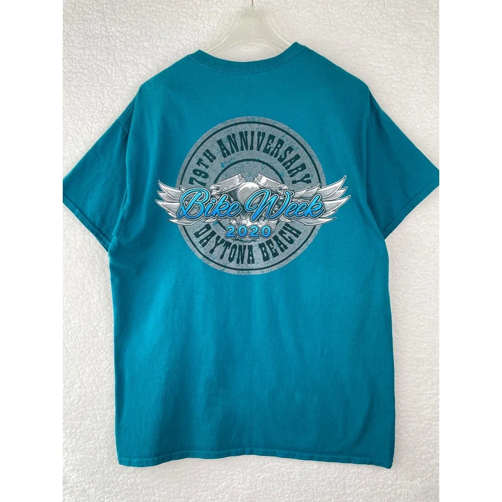 Gildan‎ Mens Daytona Beach Bike Week 2020 79th Anniversary Teal T-Shirt Large